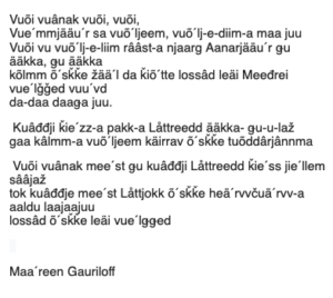 Dikt Maa´reen Gauriloff, översatt av Pauliina Feodoroff 